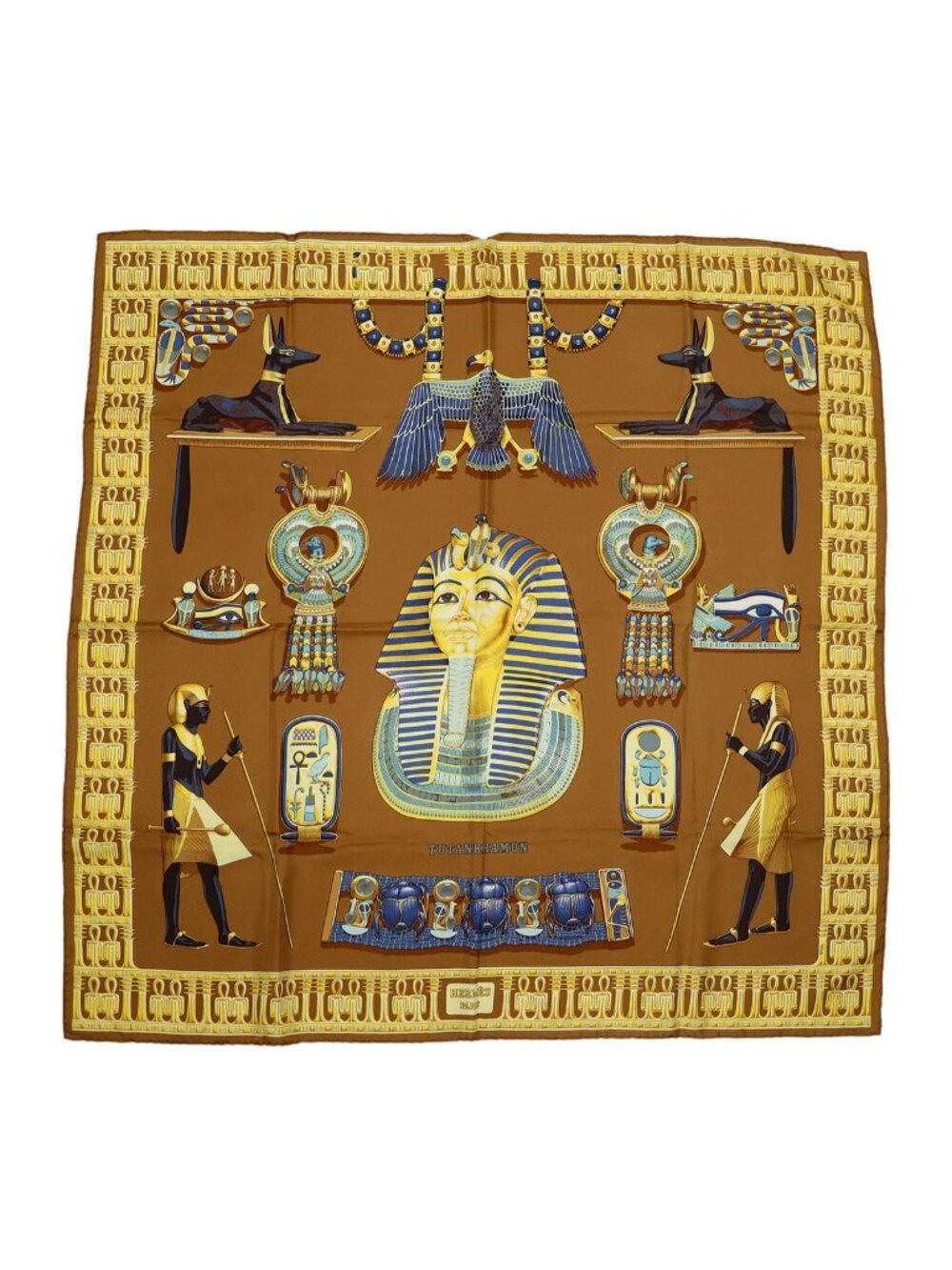 Hermes Carre 90 Scarf Large Tutankhamun Silk 100% Brown Yellow Multicolor